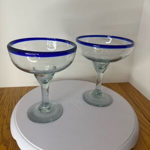 Mexican hand-blown Margarita with cobalt blue rim,